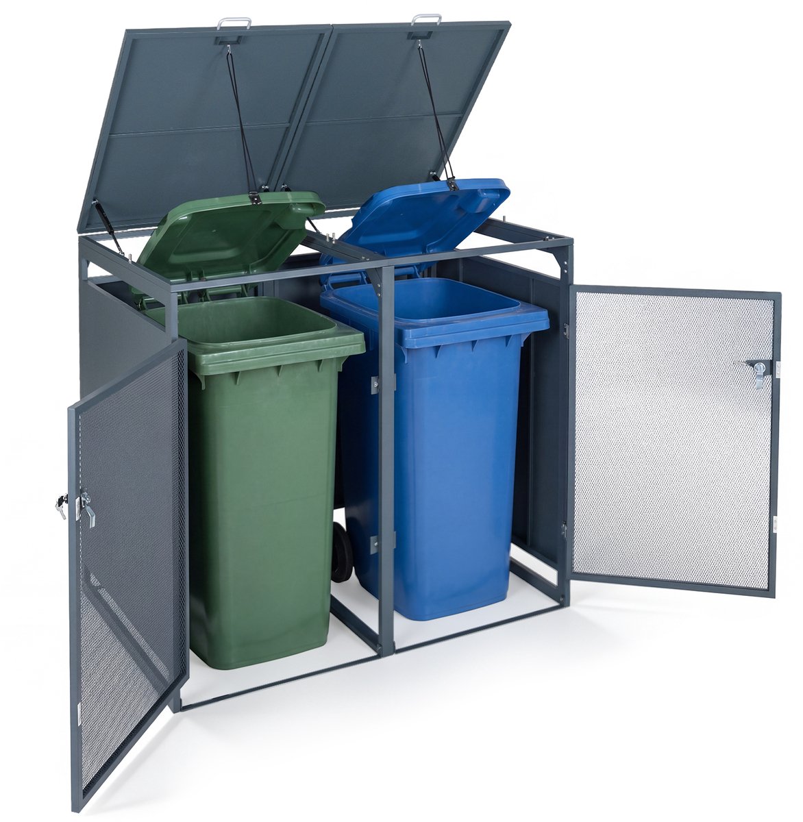 COSTWAY Vuilniscontainerbox voor 2 x 120/240 vuilnisbakken, vuilniscontainerhuis met klapdeksel en 2 afsluitbare deuren, vuilniscontainer van verzinkt metaal, vuilnisbak weerbestendig voor tuin