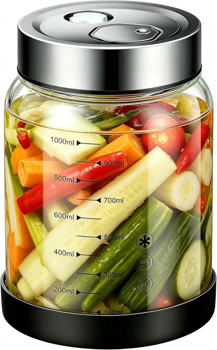 Fermentatiecontainer met deksel, 1 liter, vacuümglas voor het maken van kimchi en zuurkool, met ventiel en luchtdichte afsluiting