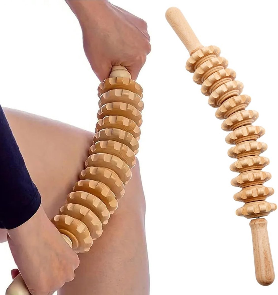 Houten massageroller met handvat voor spierontspanning en lichaamsvorming, ideaal tegen cellulitis en voor benen en nek, 12 ronden