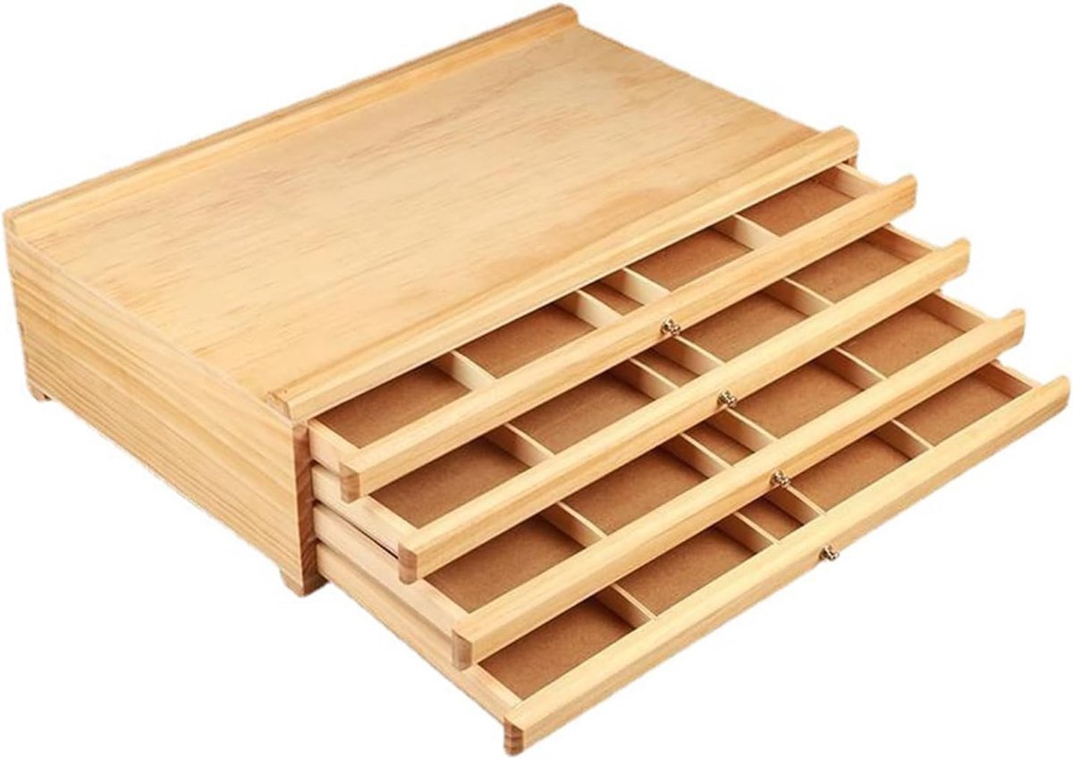 Houten Opbergbak voor Kunstbenodigdheden met 4 Lades - Ideaal voor Verf, Potloden en Penselen, 40x26x12cm