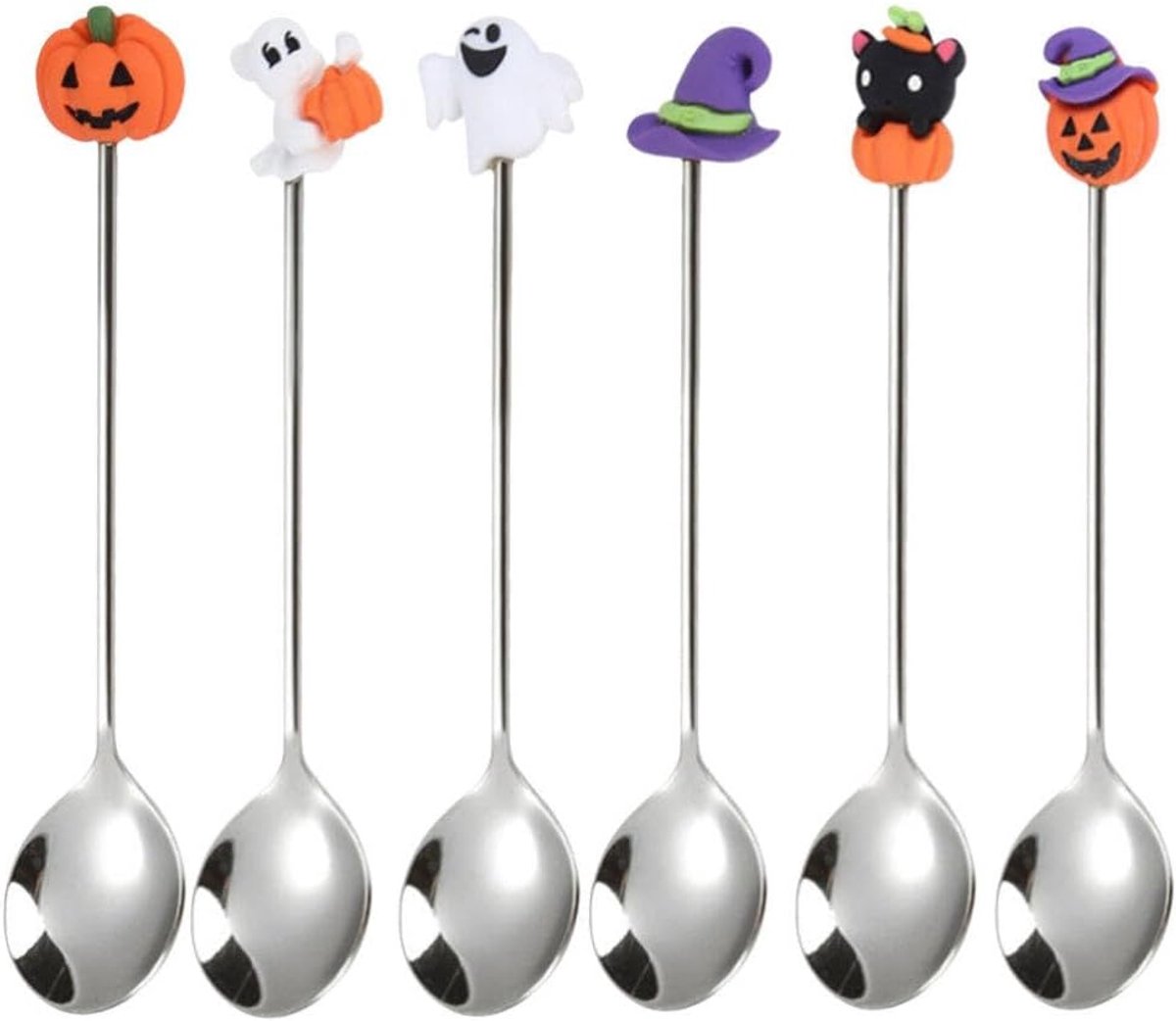 Een 6-delige lepelset met Halloween-thema, voorzien van pompoen-, heksen- en spookmotieven, voor koffie en desserts. Elke lepel is 12,7 cm lang. Perfect voor koffie, thee, desserts, ijs en als Halloween-tafeldecoratie.