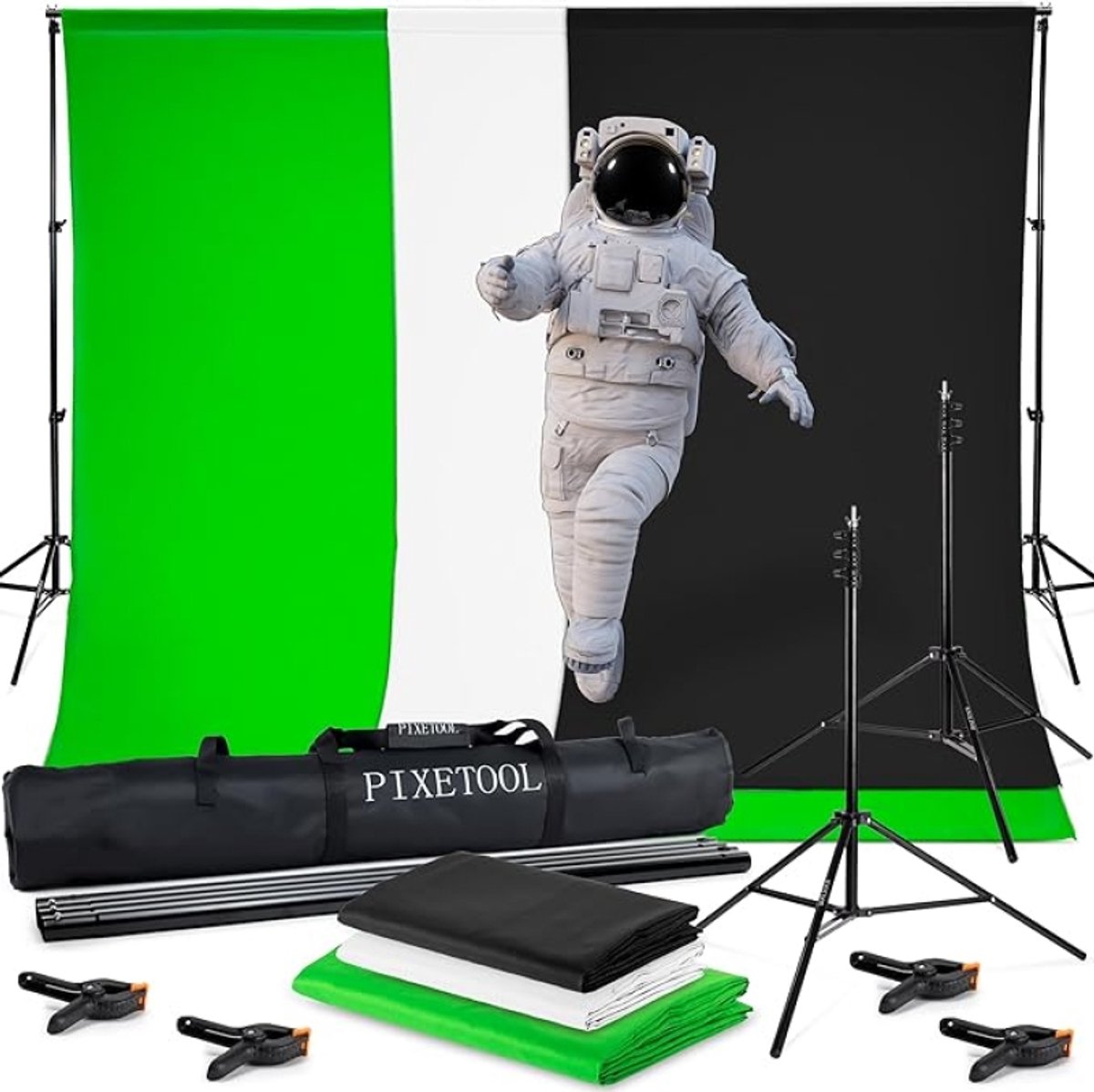 Green Screen Set – Achtergrondsysteem met 3 Studio Achtergronddoeken (Groen, Zwart, Wit) en Statief