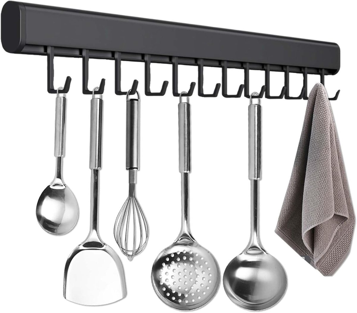 Keukenhulpmiddelenhouder van 50 cm met 10 haken voor pannen en lepel, zelfklevend en ruimtebesparend, ideaal voor een georganiseerde keuken