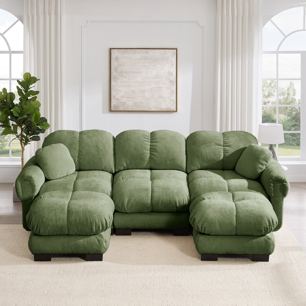 Wishdor U-bank - 3-zits cloud sofa - Met mobiele ottomane en 2 sierkussens - Gecapitonneerde zitkussens - Voor woonkamer - Chenille - Groen - 260 x 149 x 90 cm