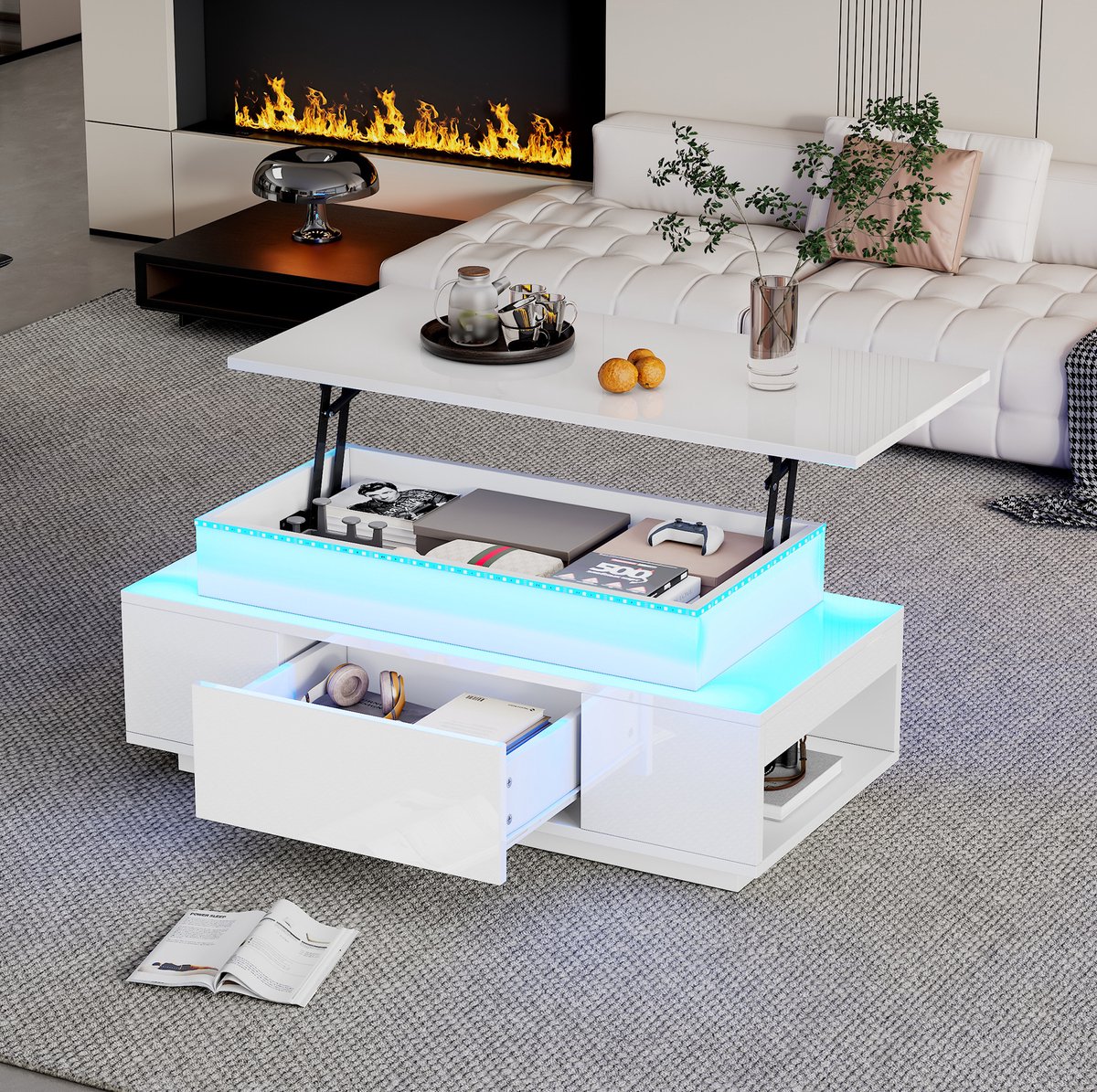 MODFU - Salontafel - Hoogteverstelbaar Met Opbergruimte En Lade - Modern - Spaanplaat - Wit