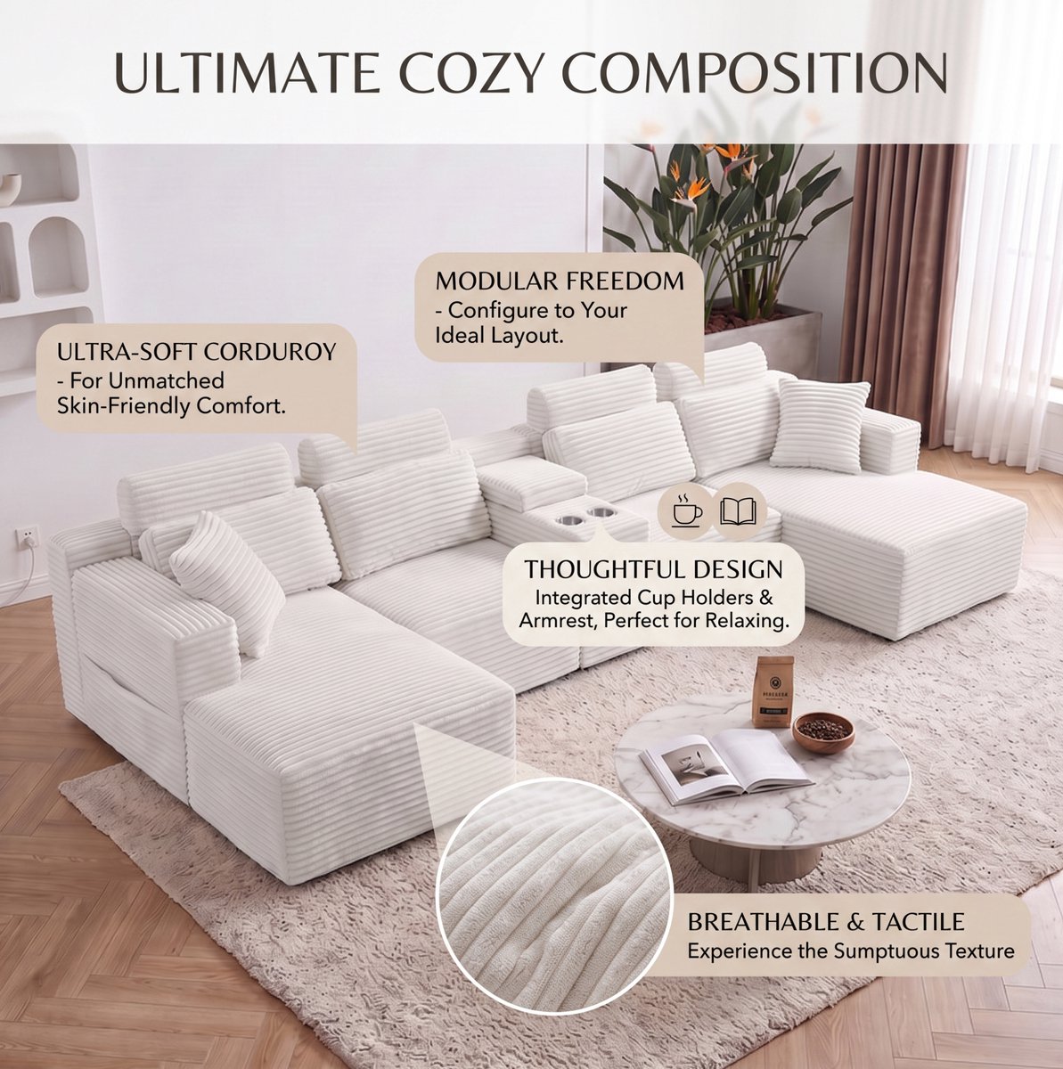 REDOM - U-bank - Modulair ontwerp met losse zitmodules - Ingebouwde dubbele bekerhouders - Corduroy bekleding - Woonkamer - Stof - Wit - 372 x 151 x 80 cm