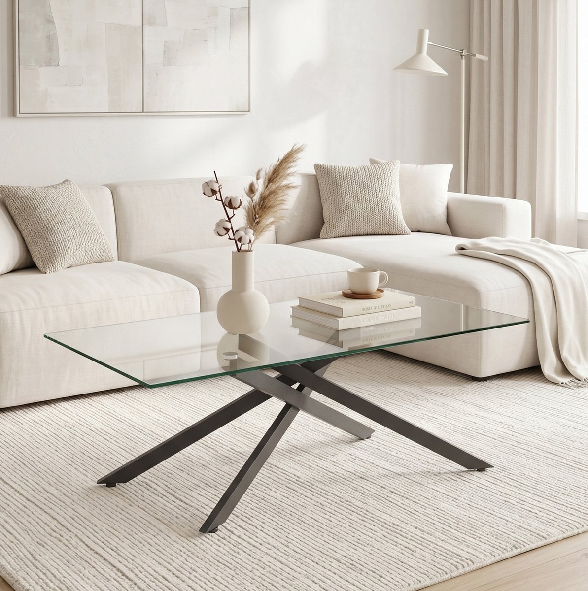 MODENUIT Salontafel - Gehard Glazen Tafelblad - Voor Woonkamer - Metaal En Glas - 100x60x46 Cm - Zwart