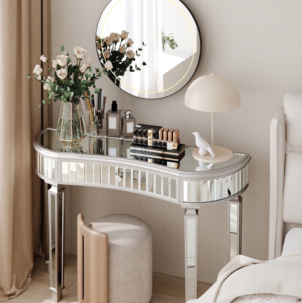 MODFU - Sidetable - Halfrond Met Lade - MDF En Glas - Grijs/Zilver - 120 X 38 X 78 Cm