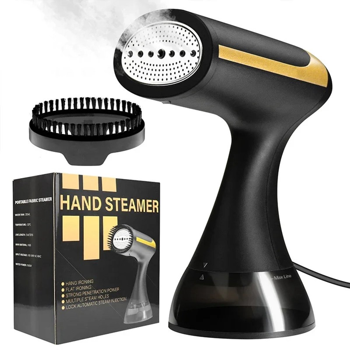 ITRONIQ Kledingstomer Handheld – Stomer Kleding met 350 ml Waterreservoir – 1300W – 130°C Stoom – 2 m Snoer – Zwart/Goud
