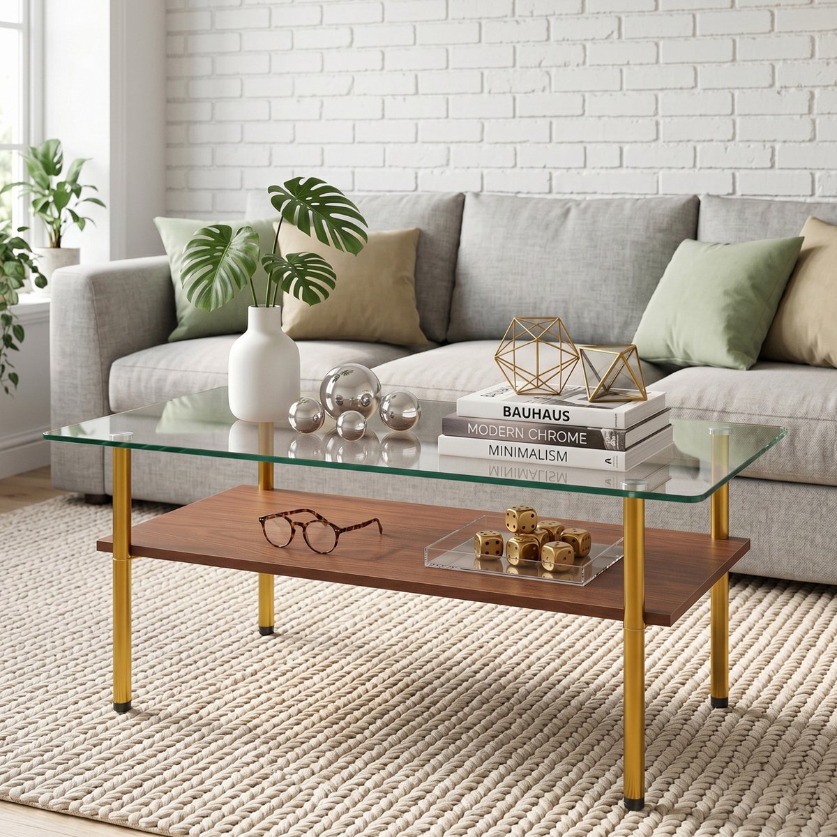 MODENUIT Salontafel - Glasplaat Met Onderblad - Voor Woonkamer Of Kantoor - Hout En Goud - 97,7x57,7x45 Cm