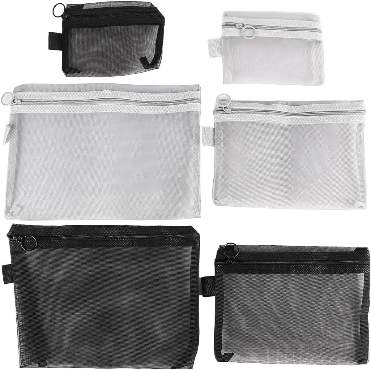Set van 6 Draagbare Cosmetica- en Oplaadkabeltassen, Lichtgewicht en Compact, Ideaal voor Telefoons, Hoofdtelefoons en Accessoires in Zwart en Grijs