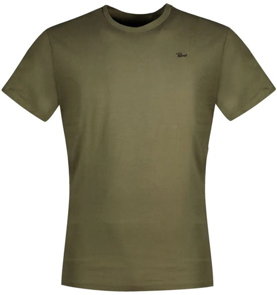 Kaki T-shirt met korte mouwen en logo op de borst.