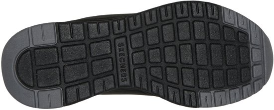 Zool van de zwarte Skechers sneaker met geruit profiel en 'SKECHERS' logo.