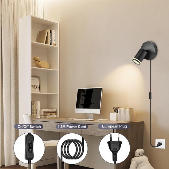 Wandlamp met schakelaar Zwenkbaar 350° - Wandlamp binnen met stekker en schakelaar Zwart Wandspot GU10 Wandlamp met kabel voor woonkamer slaapkamer, keuken, gang, Zonder lichtbron [Energieklasse A] — afbeelding 3