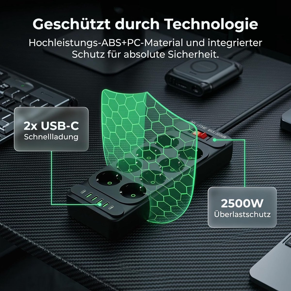 Hoekstopcontact met USB en type-C - Wit - 8-voudig - Meervoudig stopcontact met schakelaar en overspanningsbeveiliging - Voor in de keuken