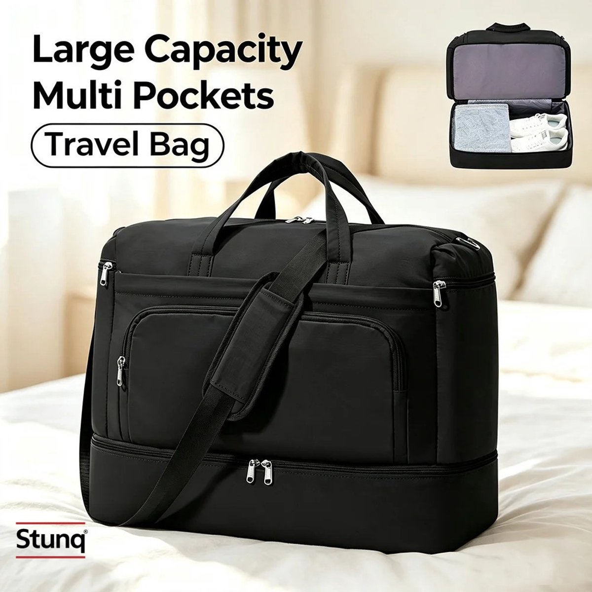 Stunq® Zwarte Reistas met Schoenencompartiment - Handbagage Weekender
