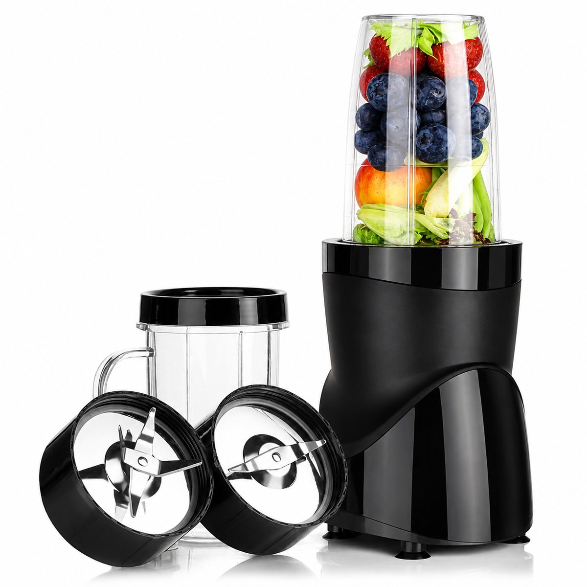 DPLUNIQ Blender - Mixer - Blender Smoothie - Cocktail - 1L - 1200W - Netsnoer 1,2M - 2x Messen - 4 bekers - 2 Deksels - Zwart