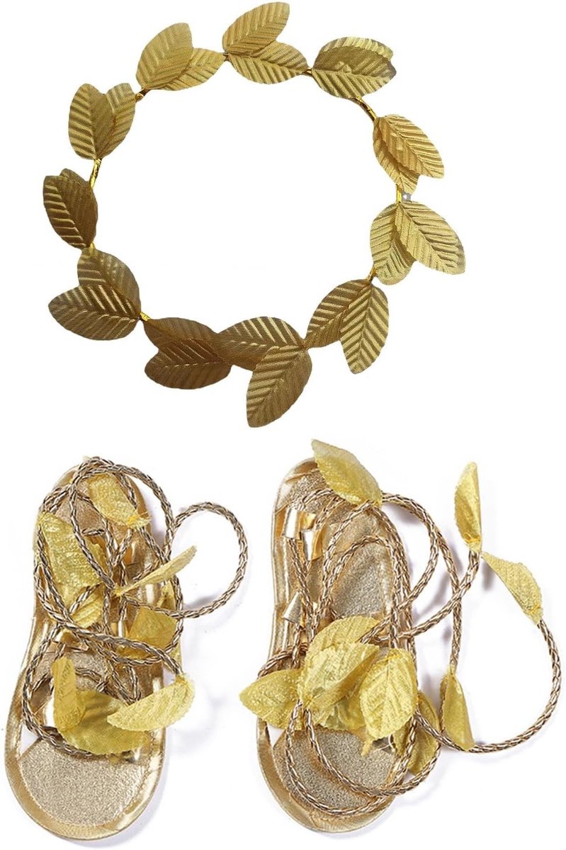 2 Stuks Gouden Sandalen Accessoires met Bladmotief voor Halloween en Griekse Kostuums, Feestdecoratie en Showbenodigdheden