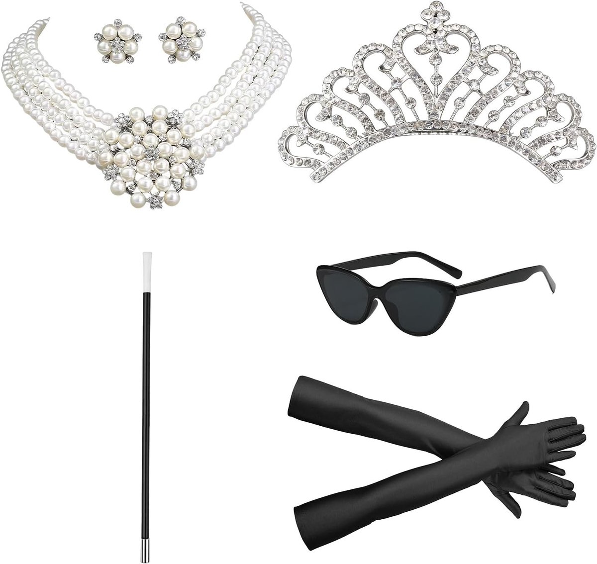 Lange zwarte handschoenen, parelketting met oorbellen, tiara en kattenogen zonnebril voor jaren 20 flapper kostuum, Gatsby-themafeest en vintage carnaval accessoires