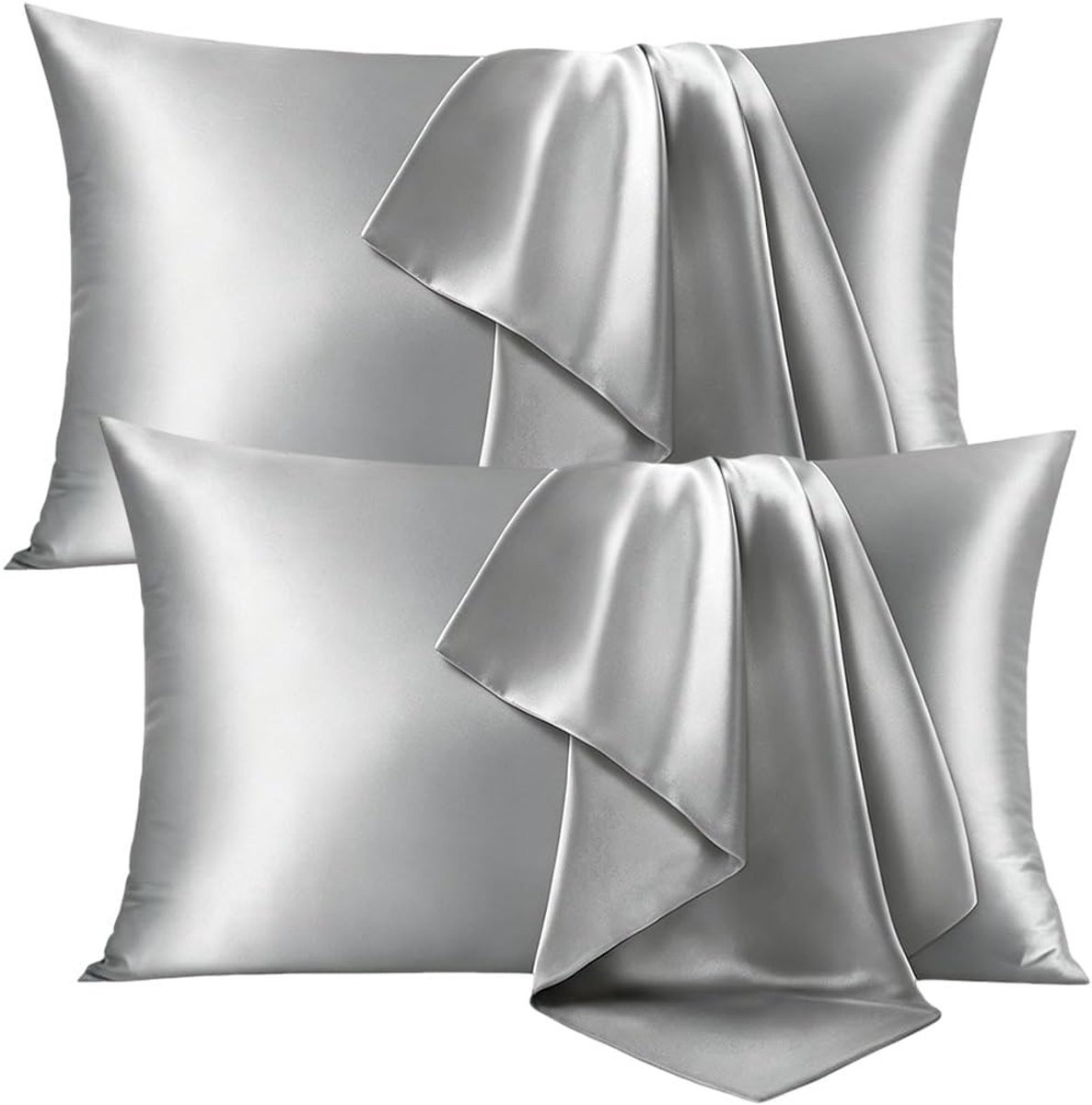 Set van 2 zilverkleurige kussenslopen van satijnen zijde, 50 x 70 cm, zacht en glad, perfect voor huidverzorging en haargroei, ideaal voor thuis en hotelgebruik