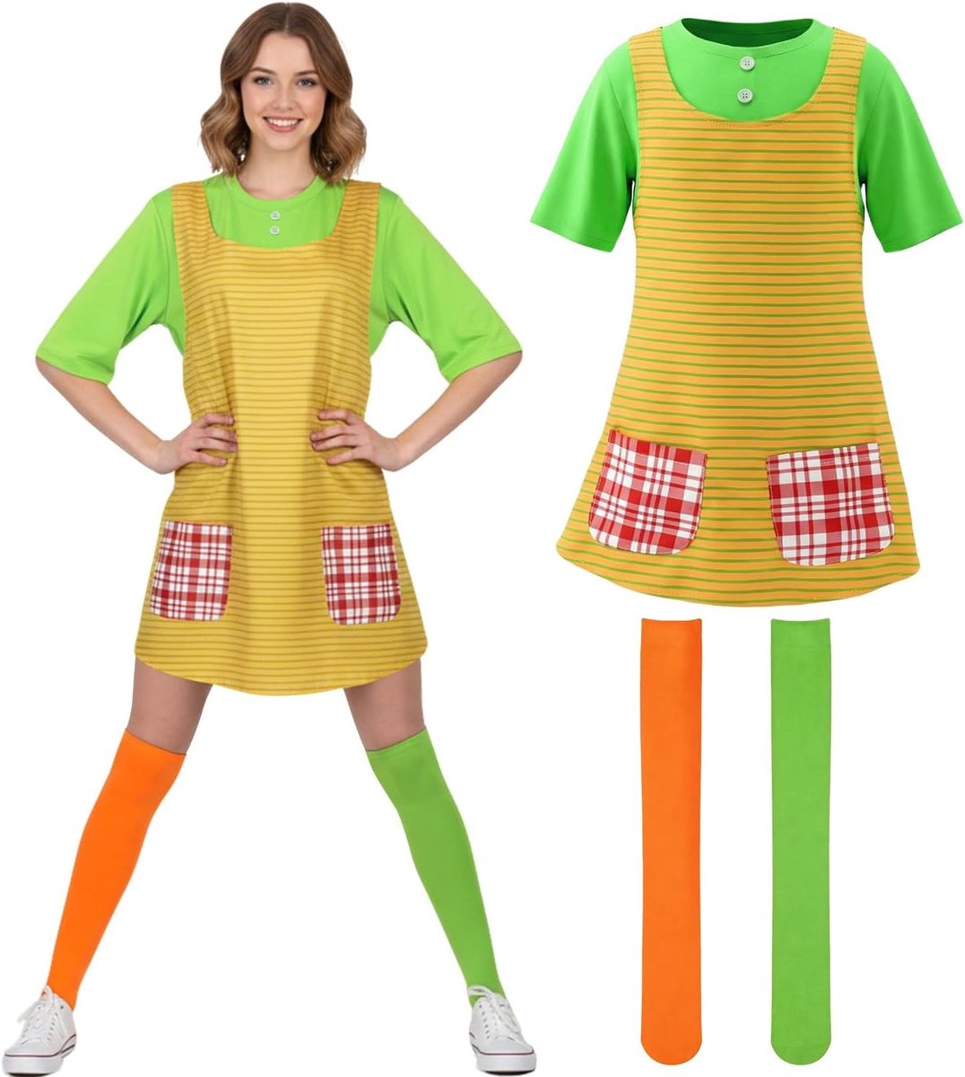 Carnaval Kostuum voor Dames, Kleurrijke Jurk met Kousen, Feestoutfit voor Carnaval en Themafeesten