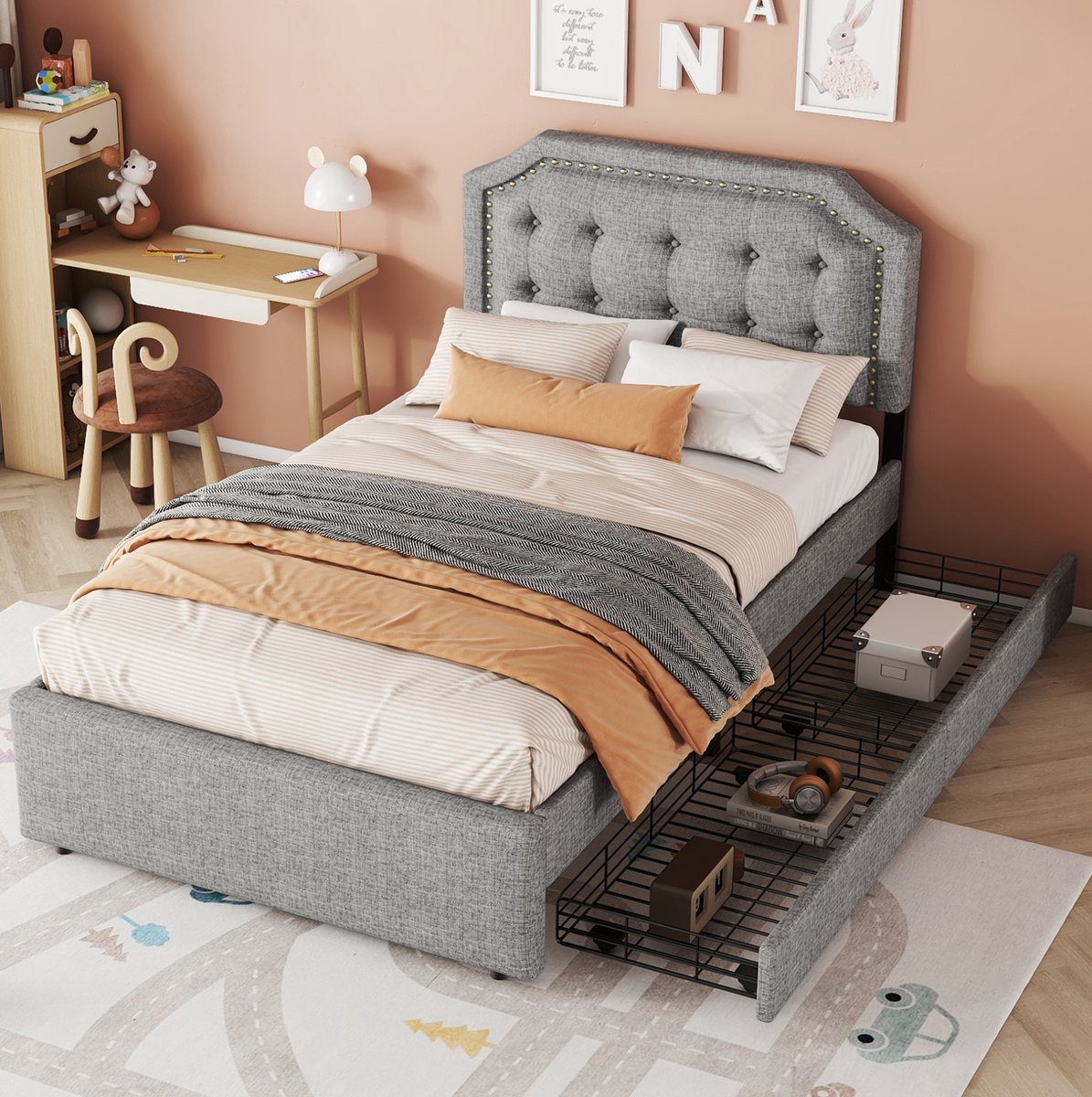 COVREO Gestoffeerd bed met 2 opberglades – 90x200 cm – Bedframe met lattenbodem – voor slaapkamer – Grijs - zonder matras