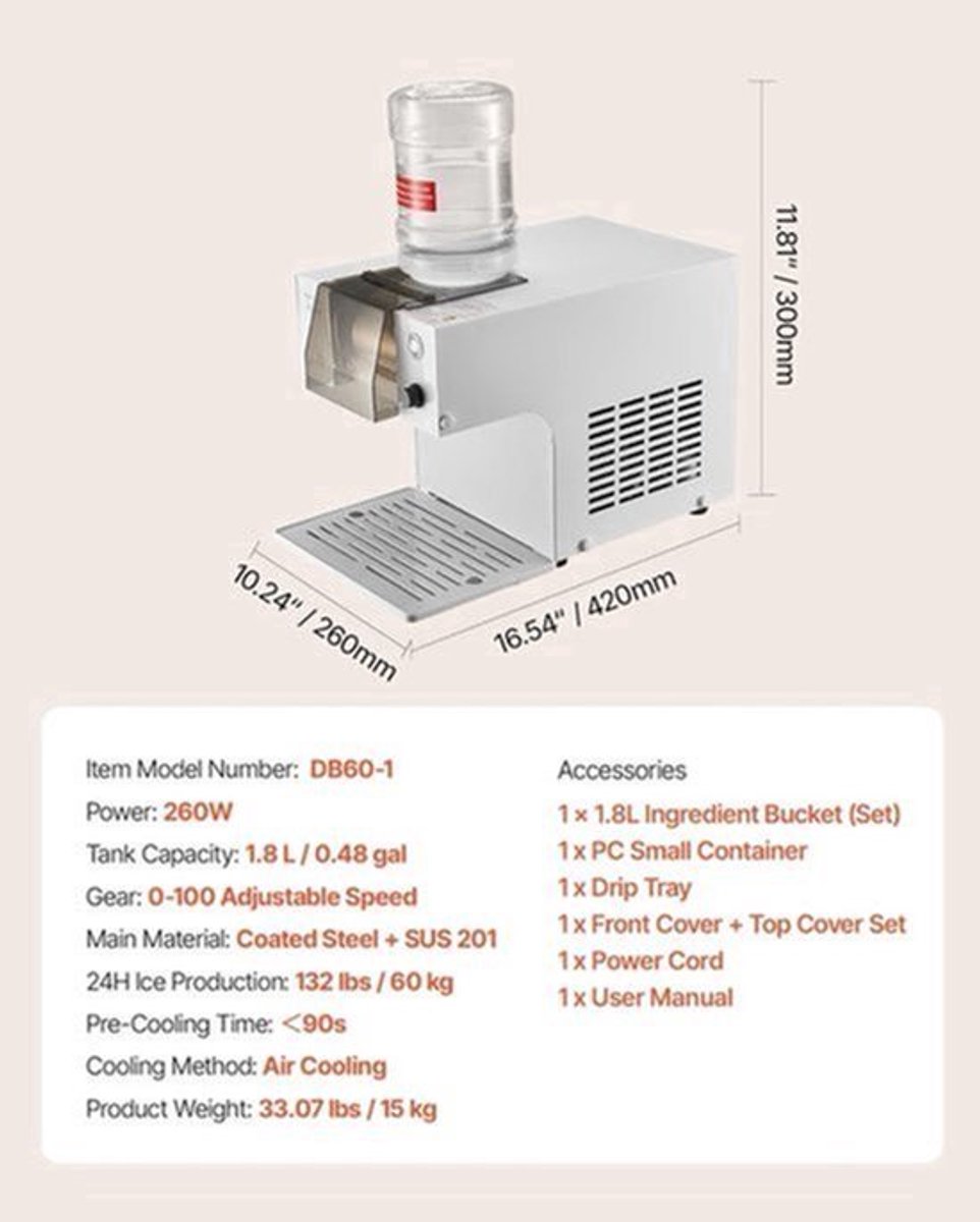 Sneeuwvlok-Ijsmachine – Ijsmachine – Ijscrusher – Bingsu Maker – Ijsblokjesschepper – 60 KG per Dag Capaciteit – Roestvrijstalen Messen en 1,8 Liter Tank