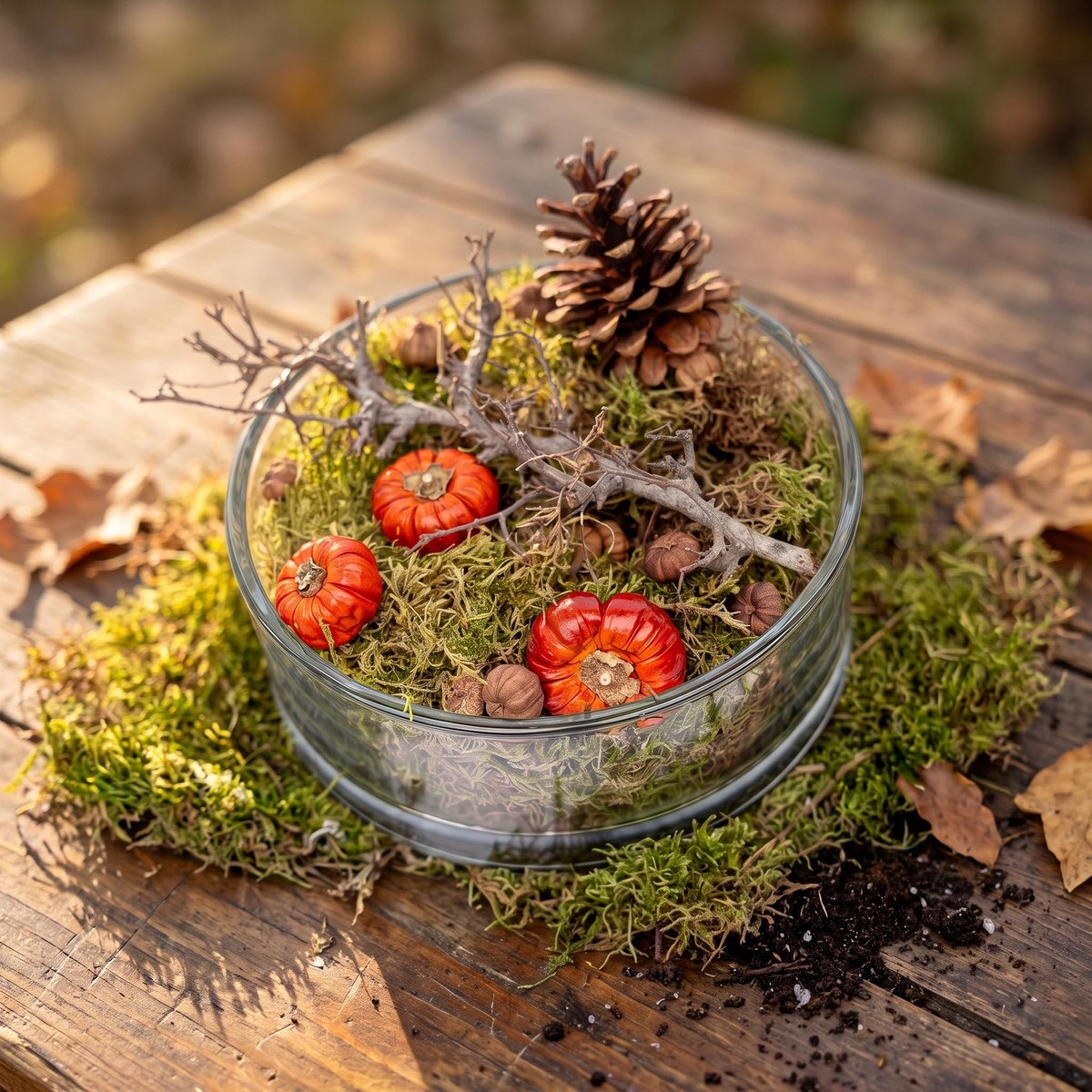 Herfstschaal Medium - Glas met pompoentjes, deco - (Ø 20 cm ↑ 8 cm)