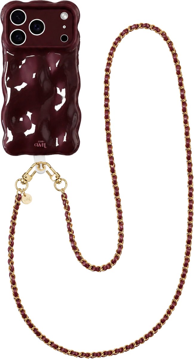 xoxo Wildhearts Bubbly case Burgundy - Classic Chain (lang koord) - geschikt voor iPhone 17 Pro Max - Hoesje met telefoonkoord - golvend hoesje met schakelkoord - Telefoonhoesje met afneembaar koord - schokbestendig - Bordeaux rood / Burgundy