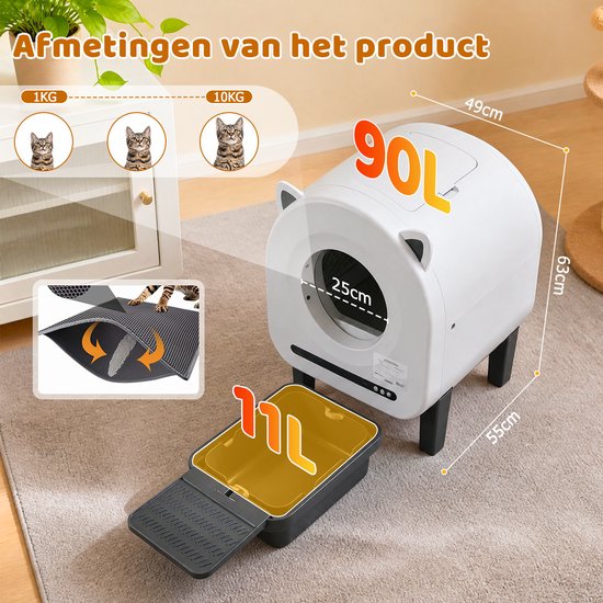 Witte kattenbak met 90L inhoud, 11L lade, afmetingen 49x63x55cm. Inclusief mat en indicatie van inhoud per kat gewicht.