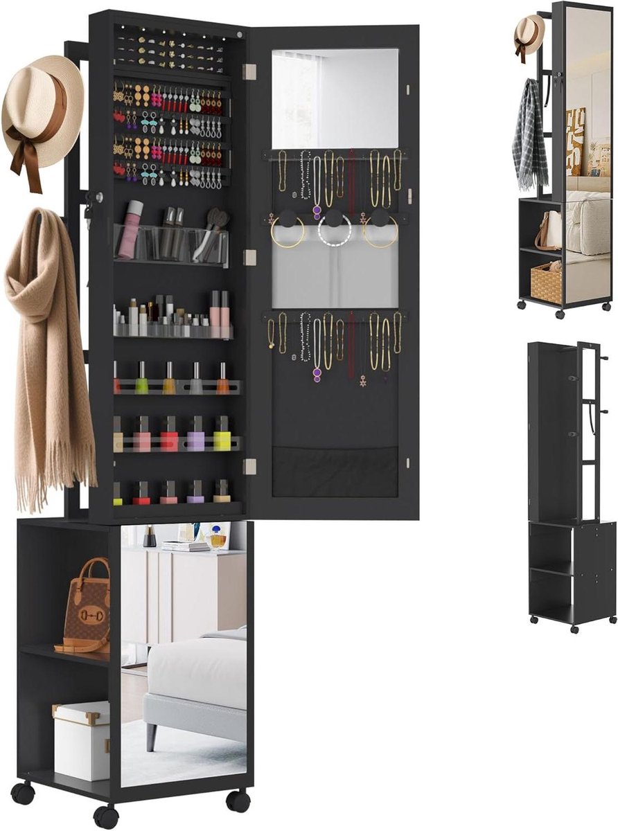 Sieradenkast - Spiegelkast Organizer - Kleding Opbergen - 5-in-1 Functionaliteit - 170 cm Hoog - Zwart