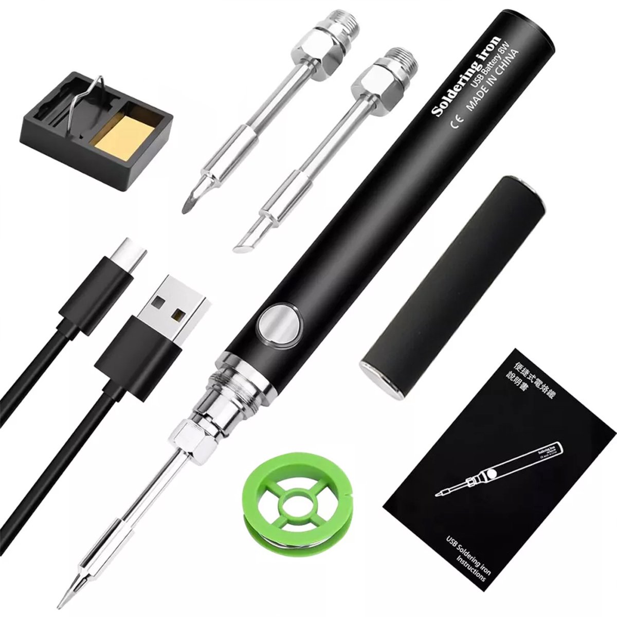 REDOM Soldeerbout Set 8W – Soldeerbout met 3 Temperatuurstanden en 3 Soldeerpunten – Elektrische Soldeerbout voor DIY en Hobbygebruik – USB-C – Aluminium/RVS – Zwart