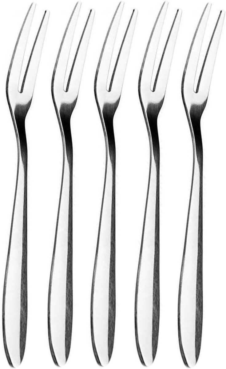 Vorken - Herbruikbare mini vorken met 2 tanden - voor voorgerechten, desserts, fruit, cocktails, feesten, reizen - Set van 5 - Roestvrij staal - Zilver