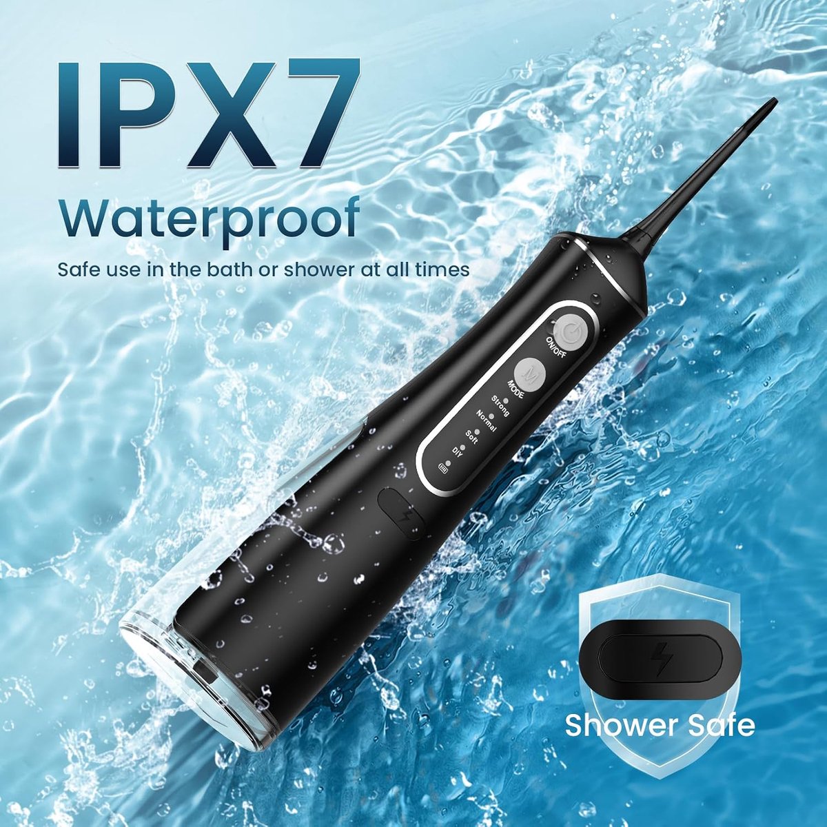 Waterflosser, Draadloze Monddouche met 4 Reinigingsstanden, 300 ml Waterreservoir, DIY-Drukregeling, IPX7 Waterbestendig, Oplaadbare Mondirrigator voor Dagelijkse Mondverzorging, Thuis en Reizen, Zwart thumbnail 3