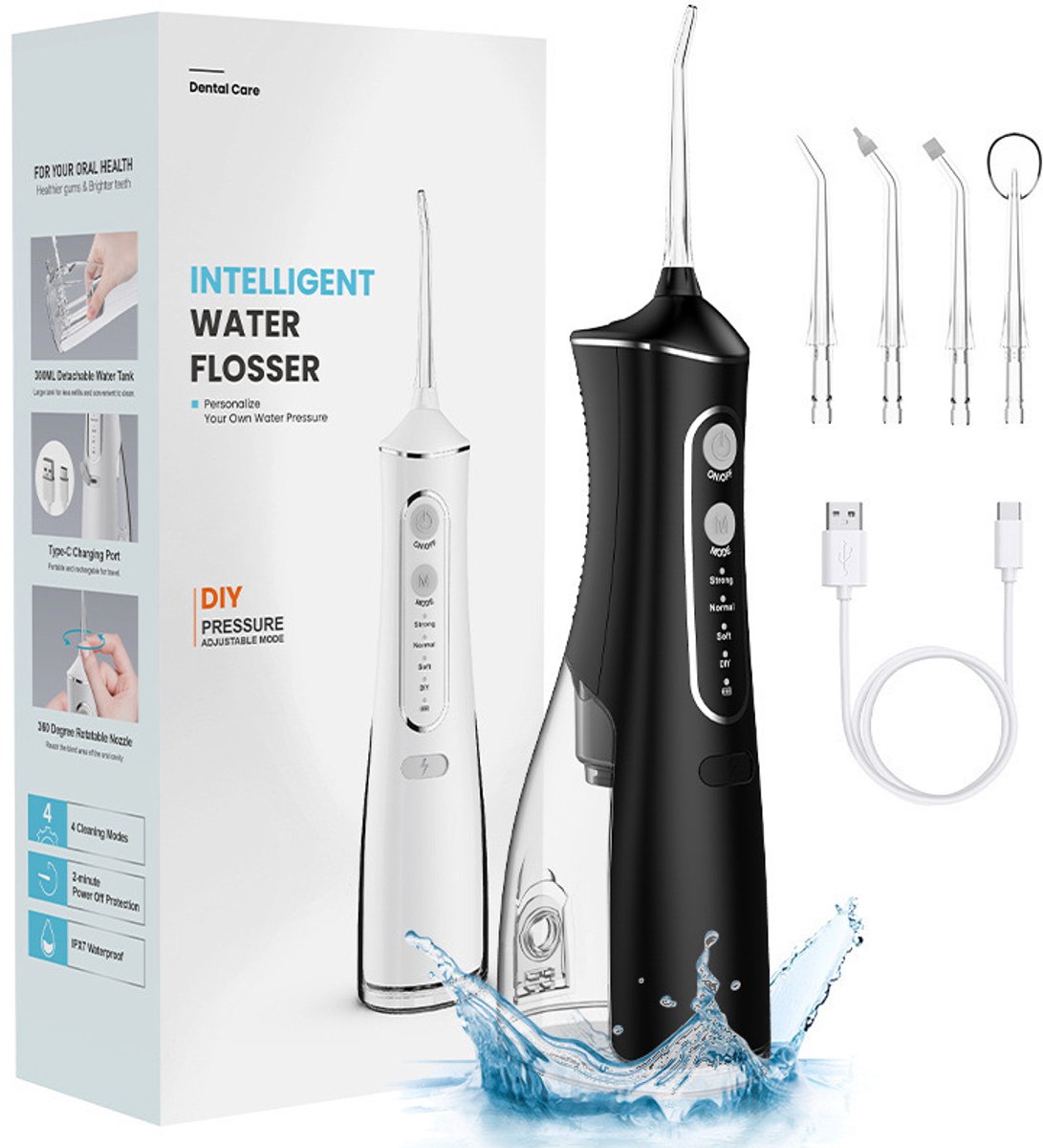 Waterflosser, Draadloze Monddouche met 4 Reinigingsstanden, 300 ml Waterreservoir, DIY-Drukregeling, IPX7 Waterbestendig, Oplaadbare Mondirrigator voor Dagelijkse Mondverzorging, Thuis en Reizen, Zwart