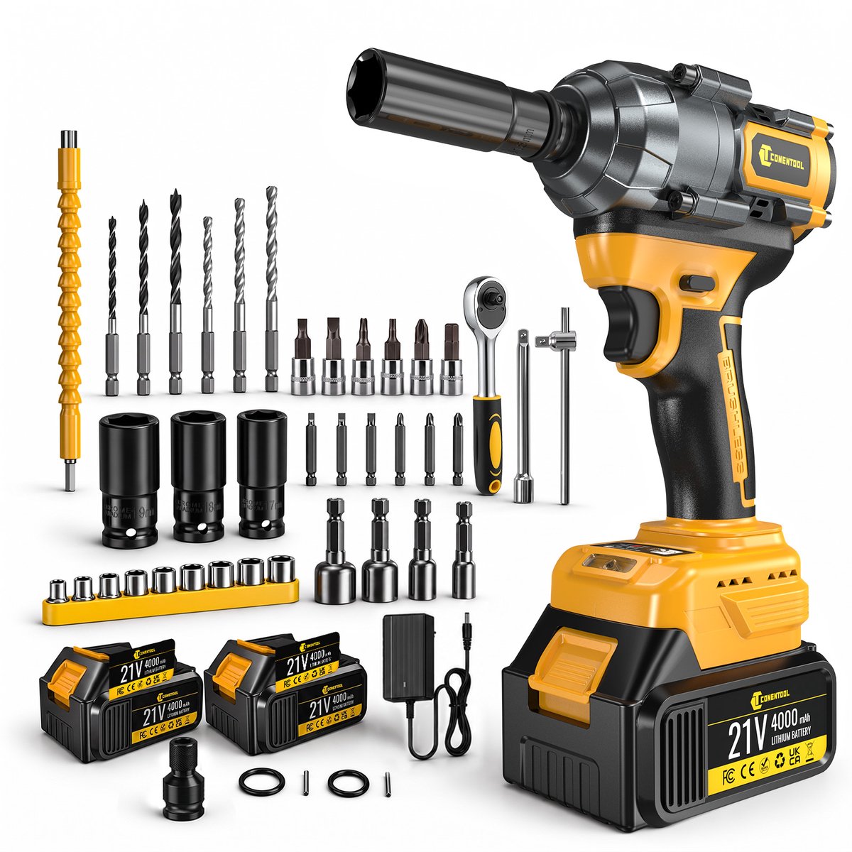 CONENTOOL Accu Slagmoersleutel 21V‑800Nm Borstelloos‑Slagmoersleutelset‑Slagschroevendraaier‑met 2x 4000mAh Accu en 43‑delige complete accessoire set