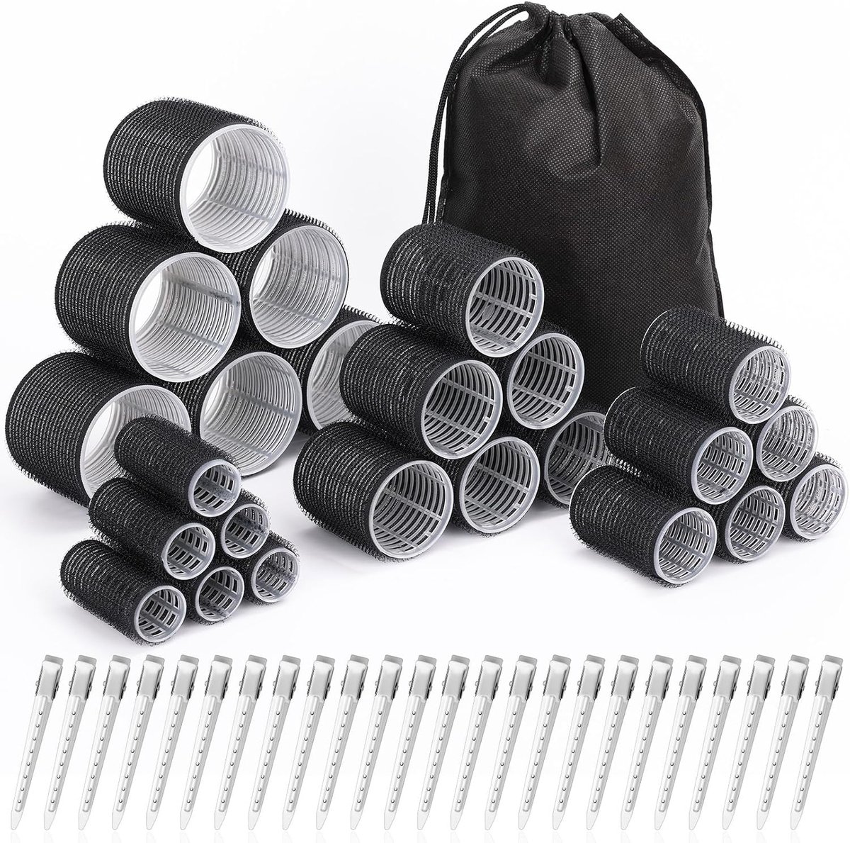 Set van 24 haarkrulspelden (6 jumbo, 6 groot, 6 medium, 6 klein) en 24 clips voor alle haarlengtes (zwart)