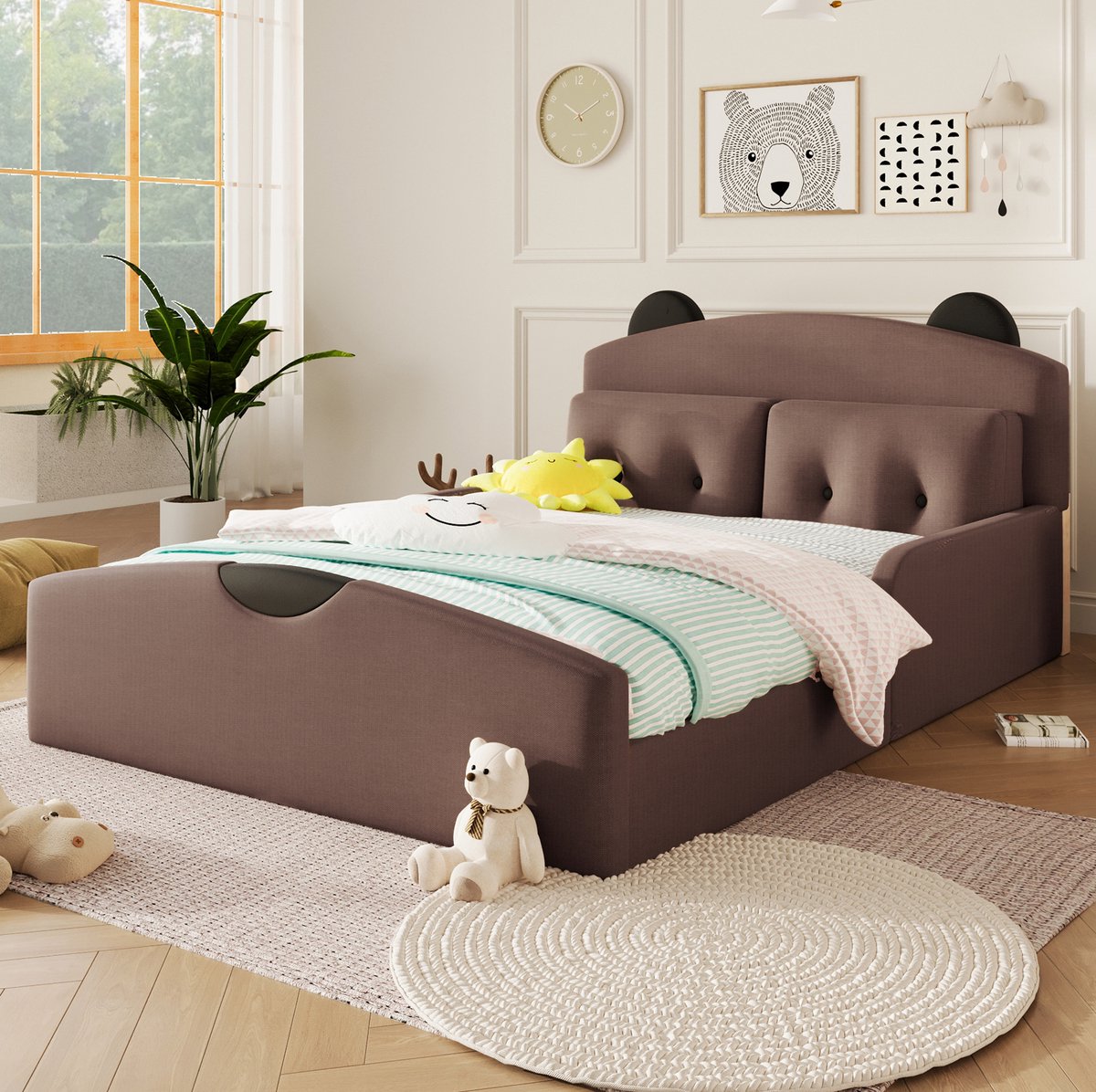 STILVORA Tweepersoonsbed 140x200cm – Gestoffeerd Platformbed Met Berenhoofdbord – Inclusief 2 Sierkussens – Voor Kinderkamer – Koffie – Zonder matras