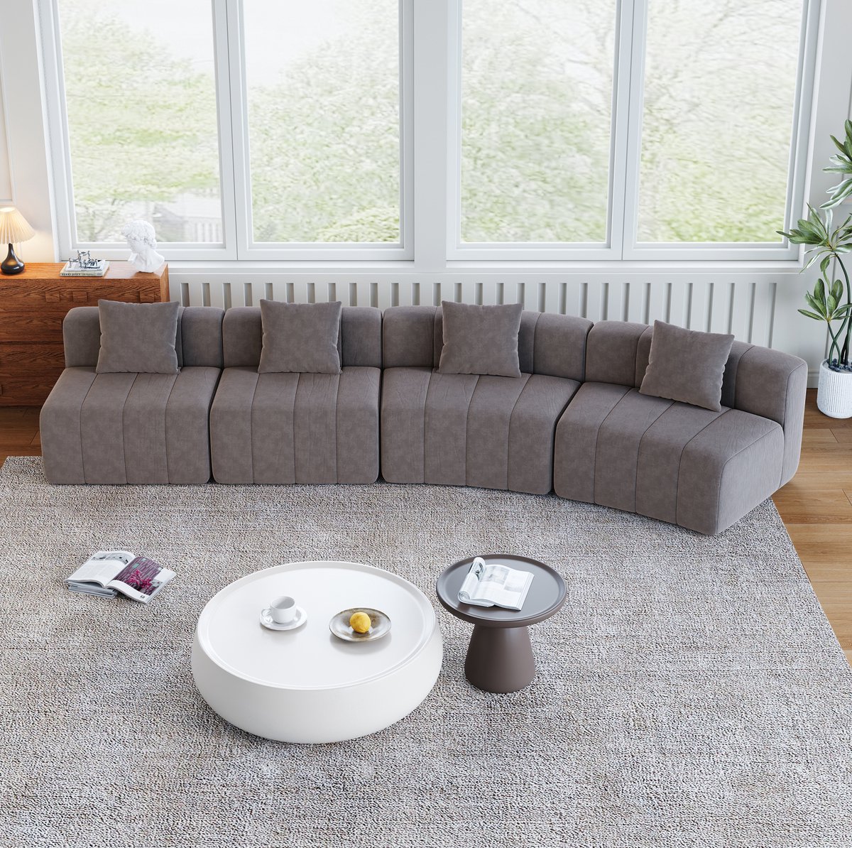 STILVORA Bankonderdeel 388 x 83,8 x 73,6 cm - Gebogen Chenille Sofamodule Met 2 Kussens - Modulaire Halfronde Opstelling - Stof Grijs