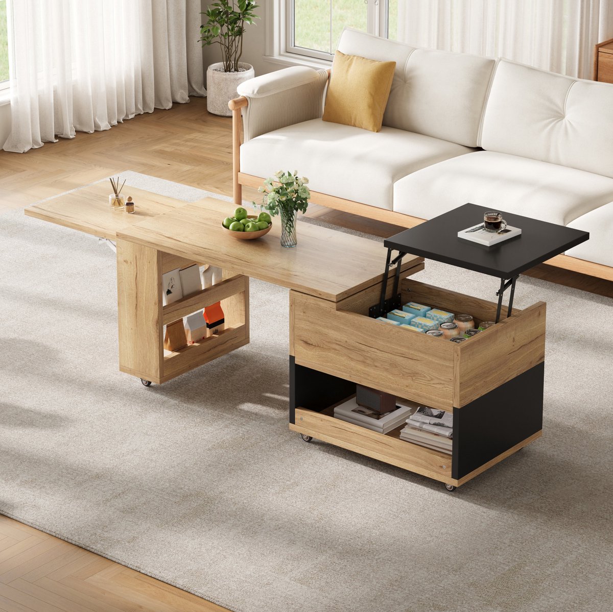 Wishdor Salontafel - Uitschuifbaar en opklapbaar - 360° draaibaar zij-element en wieltjes - Modern - Woonkamer werkkamer eetruimte - Houtlook zwart - 161,5 x 46 x 67 cm
