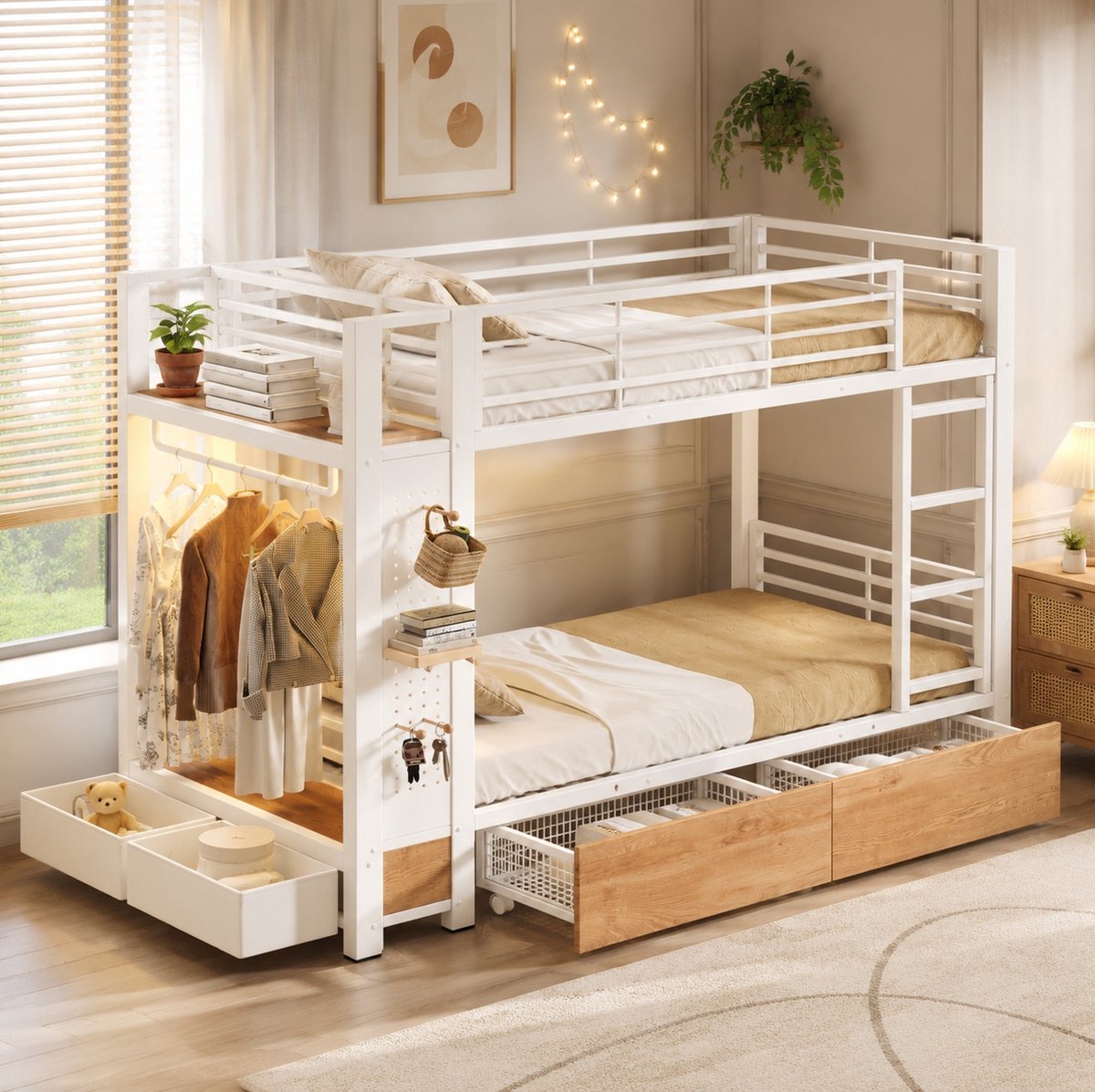 Wishdor Stapelbed 90x200 cm - Met 4 lades en kledingstang - LED-verlichting en opbergvakken - Wit metalen MDF bedframe - 231,5 x 95,5 x 166 cm