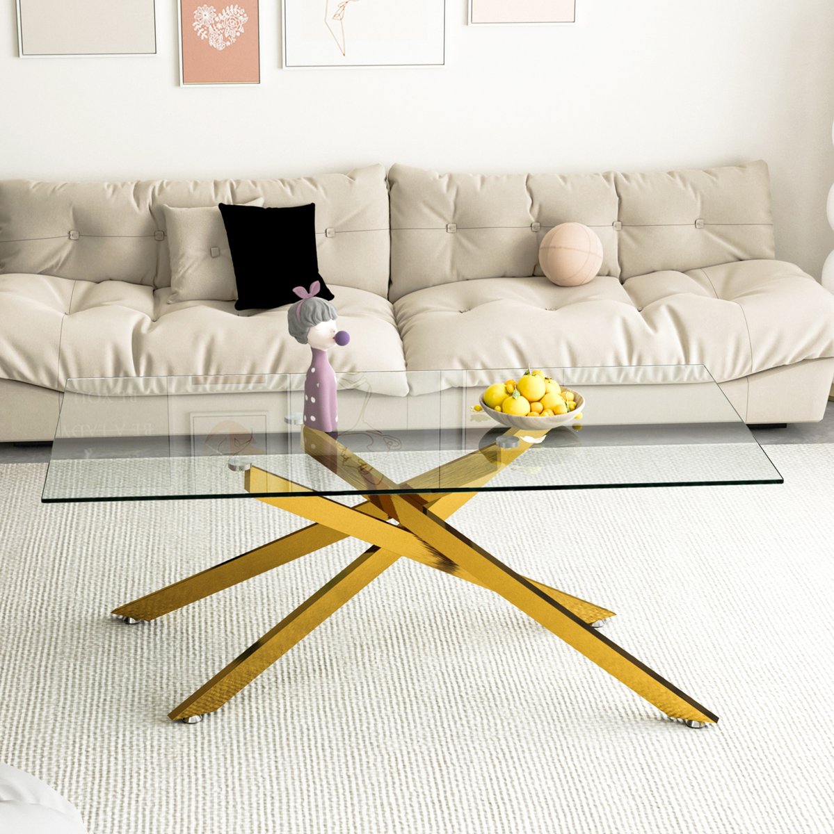 Wishdor Salontafel - Gehard glas en goudkleurig metaal - Rechthoekig X-poot onderstel - Modern - Woonkamer ontvangstkamer - Glas metaal - Gold - 120 x 60 x 46 cm
