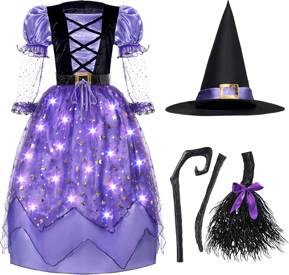 Verlichte Heksen Kostuum voor Meisjes met Broom, Hoed en Riem - Perfect voor Halloween Feest en Rollenspel