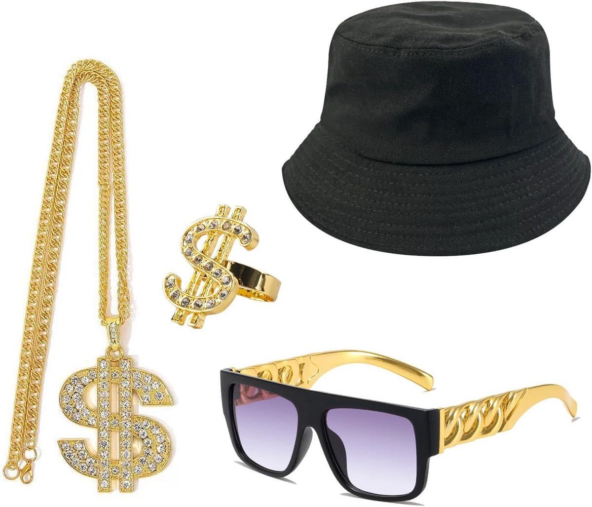 Hip Hop Kostuum Set met 4 Stukken - 80s 90s Accessoires, Neppengeld Ring, Zwarte Vissershoed en Zonnebril voor Feestjes en Disco Avonden