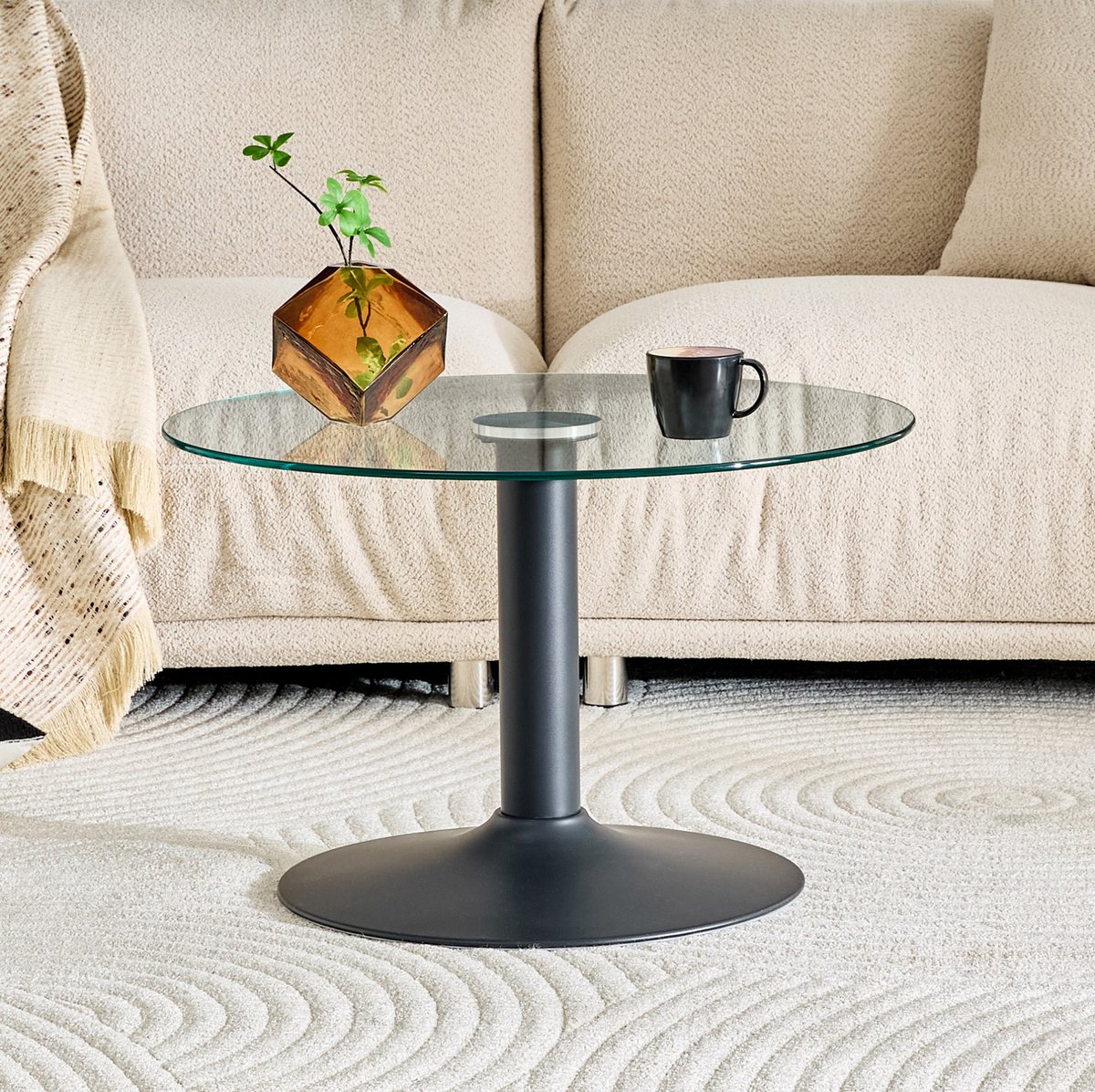 Wishdor Salontafel - Rond glas - Stabiel metalen onderstel - Modern design - Woonkamer - Krasbestendig onderhoudsvriendelijk - Glas en metaal - Zwart - 70 x 70 x 45 cm