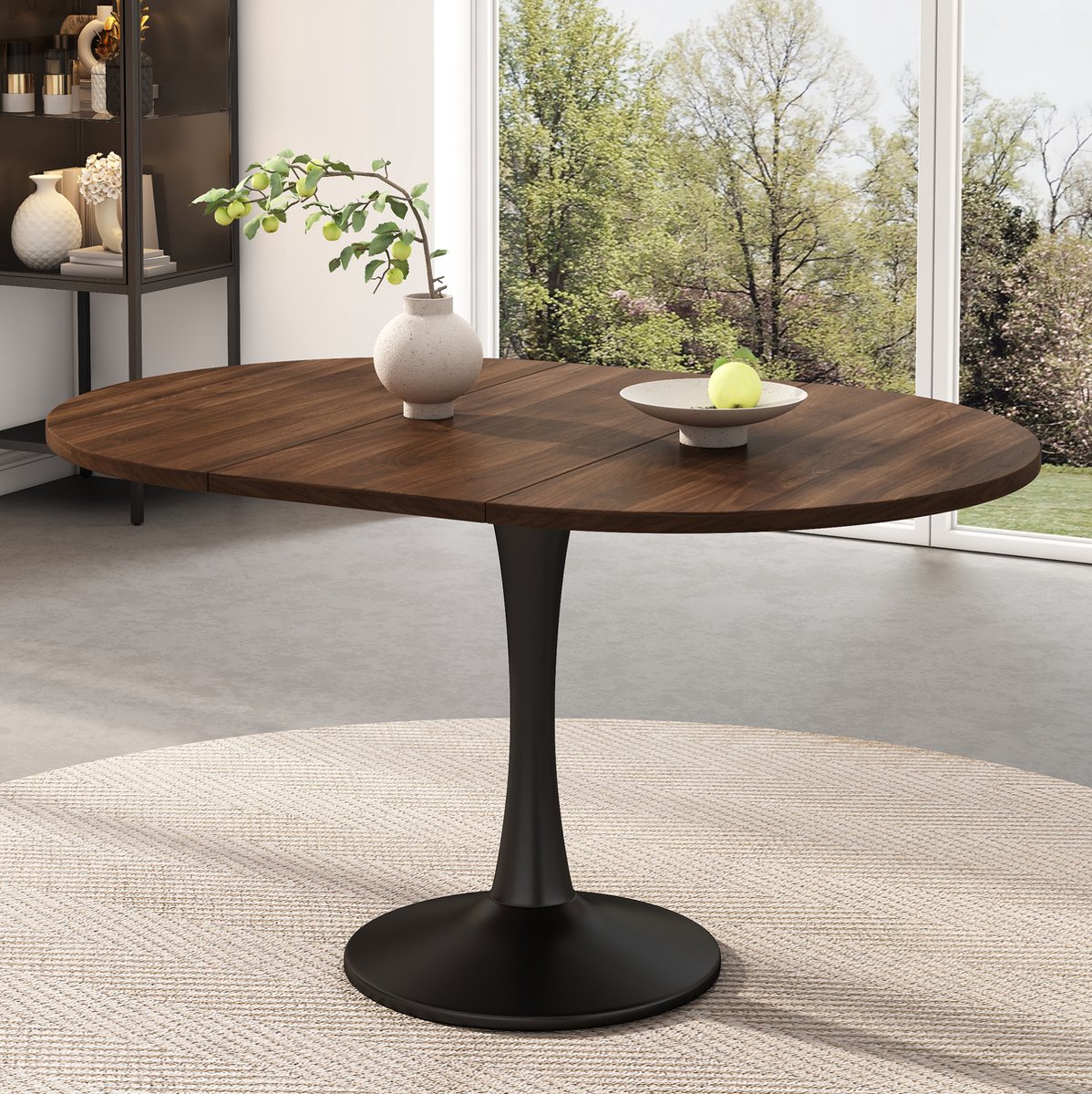 Wishdor Uitschuifbare eettafel - Ovaal en modern - MDF en ijzer - Voor gezin en gasten - Walnoot - 140 x 100 x 75 cm