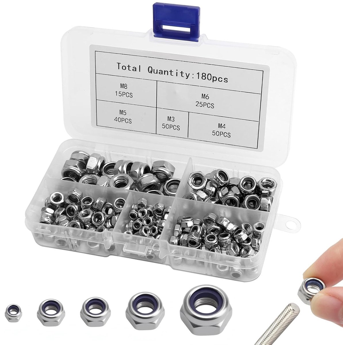 180-delige Lock Nut Set met M3 M4 M5 M6 M8 zelfvergrendelende moeren van roestvrij staal, ideaal voor schroeven en draadstangen