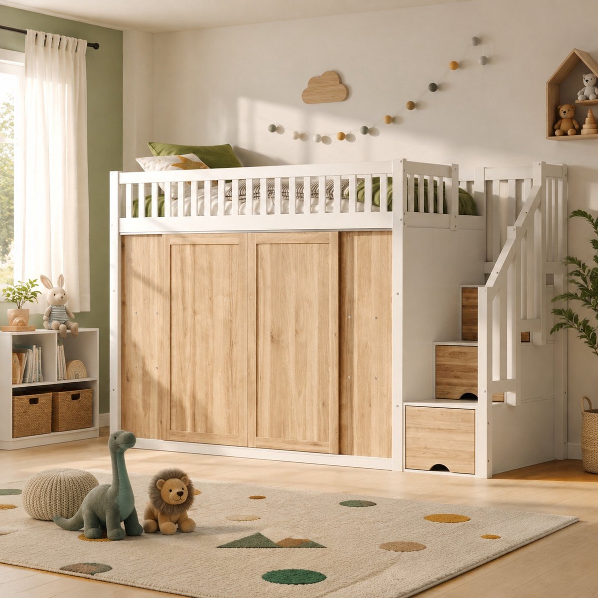 COVREO Hoogslaper met kledingkast en trapkast – 90x200 cm – Kinderbed met opbergruimte en lichtstrook – voor kinderkamers – Wit en eiken - zonder matras