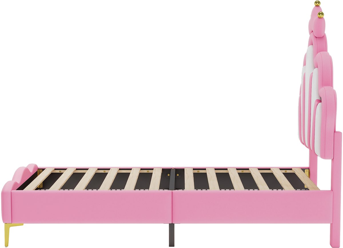 WUVRIE Kinderbed 90x200 cm met kroonvormig hoofdbord, LED en verstelbare hoogte, roze