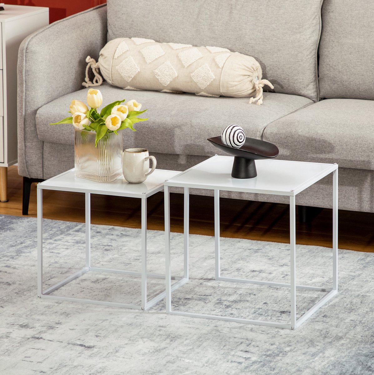 MODENUIT Salontafel Set van 2 - Vierkant Ontwerp Met Stalen Frame - Voor Woonkamer - Wit - 40x40x40 Cm